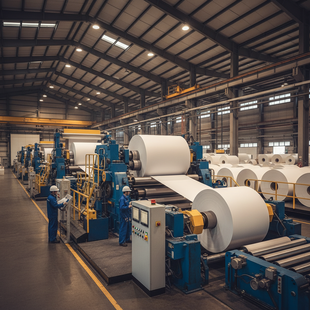 대규모 제지 공장 내부에서 거대한 종이 롤이 기계 라인을 따라 정밀하게 감기는 현대적인 산업 현장 모습.