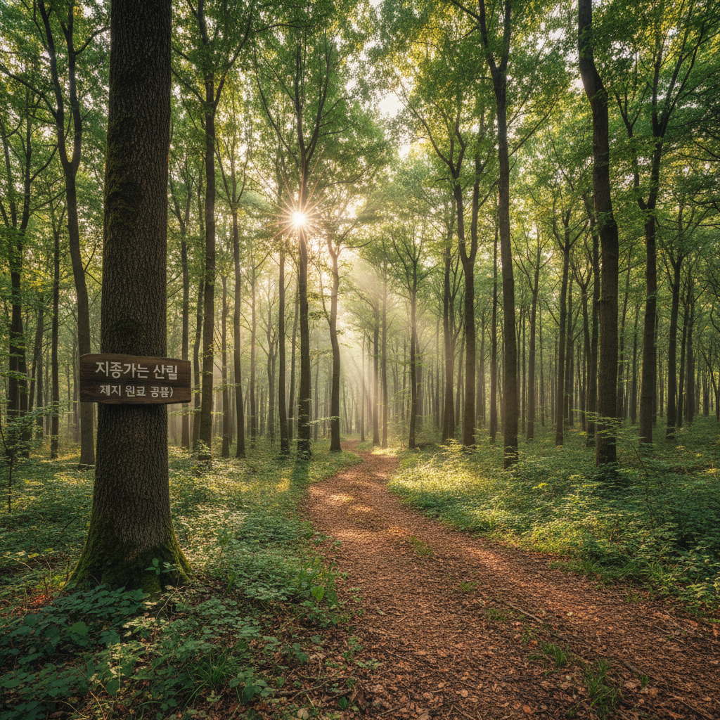제지 원료를 공급하는 지속 가능한 관리 숲의 전경으로 울창한 나무들 사이로 햇살이 내리쬐는 평화로운 풍경.