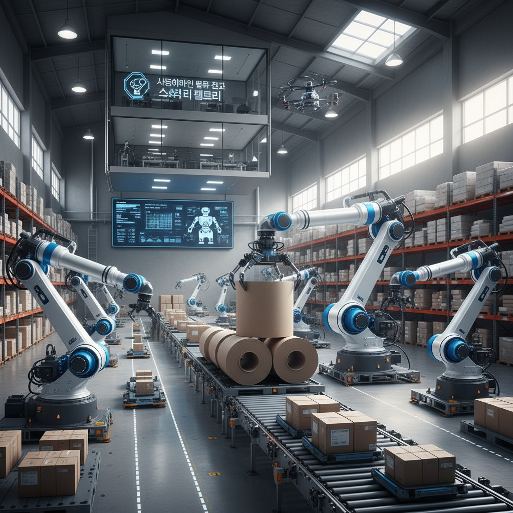 자동화된 물류 창고에서 로봇 팔이 거대한 종이 롤을 운반하며 효율적으로 적재하는 스마트 팩토리의 모습.